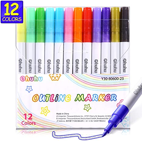 Self-outline Metallic Markers, Ohuhu 12 Colors Double Line Outline Marker for Journaling Gift Card Writing Making Coloring Sketching, Metallic Art Marker Pens for Kids Back to School Art Supplies