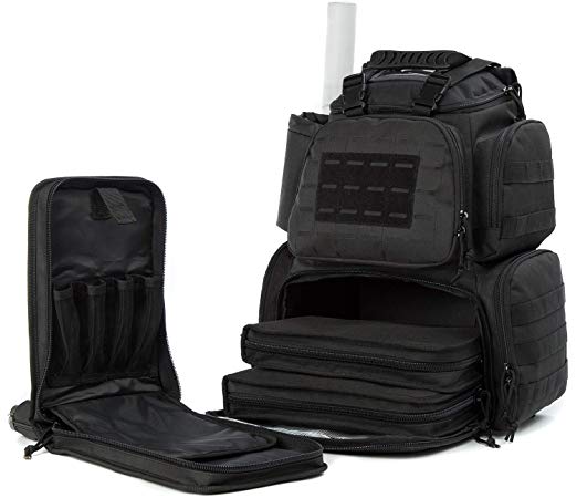 SUNLAND Range Bag Backpack,Gun Backpack with 3-Pistol Case and Protective Rain Cover,Tactical Molle System & Lockable Zippers-18" x 14" x 8"