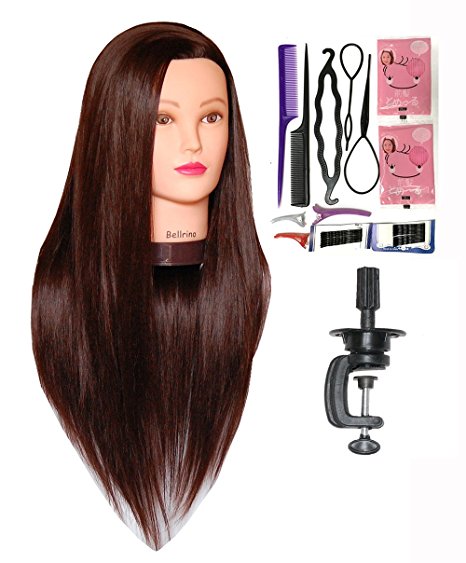 Bellrino 28 " (Long and thick) Cosmetology Mannequin Manikin Training Head with Synthetic Fiber with Table Clamp Holder (DARK BROWN.)