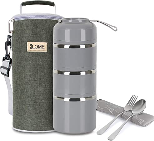 ILOME Lunch Bento Box with Stainless Steel 3-Tier Leak-Proof Stackable Bento Boxes Spoon and Fork Set for Women Men School Working (Grey(Lunch Bags))