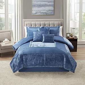 Queen Comforter Set 7 Piece - Ultra-Soft Comforter, 2 Shams, Elegant Bed Skirt, & 3 Decorative Throw Pillows - Luxurious Crushed Velvet Premium Bedding Ensemble for Sophisticated Bedroom, Navy Blue