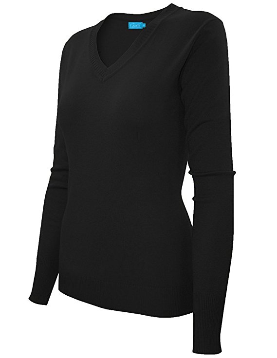 Cielo Women's Classic Long Sleeve Soft Cotton Silk Solid Ribbed V-neck Sweater
