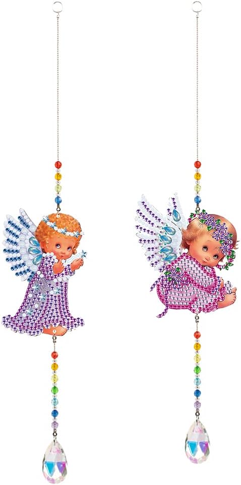 2Pcs Angel Diamond Painting Crystal Light Catcher DIY Wind Chime Kit Hanging Double Sided Diamond Painting Suncatcher Kits for Adults, Diamond Painting Hanging Ornament for Home Garden Decoration Gift
