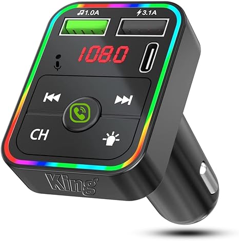 KING Car FM Transmitter, Wireless Bluetooth 5.0 MP3 Player Radio Adapter Car Kit, PD3.0 Type C 20W QC3.0 Car Fast Charger, Hands Free Calling, Bass Lossless Hi-Fi Sound Support U Disk