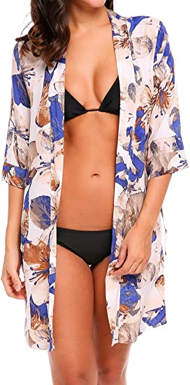 Zeagoo Women's Floral Print Cardigan Bikini Swimwear Cover Up Beach Dress