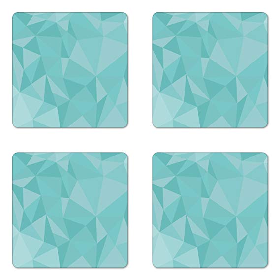 Lunarable Mint Coaster Set of Four, Mosaic Style Geometric Fractal Triangle Trippy Figures Dimension Style Artwork, Square Hardboard Gloss Coasters for Drinks, Teal Turquoise