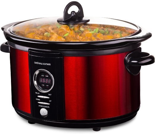 Andrew James 5 Litre Premium Digital Red Slow Cooker with Tempered Glass Lid Removable Ceramic Inner Bowl And Three Temperature Settings Includes 2 Year Manufacturers Warranty