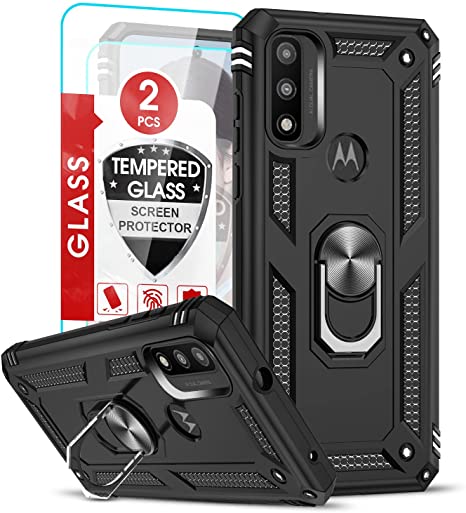 LeYi Compatible with Moto G Pure Case, Moto G Power 2022 Case with 2 Pcs Tempered Glass Screen Protector, [Military-Grade] Protective Phone Case with Magnetic Ring Kickstand for Motorola G Pure, Black