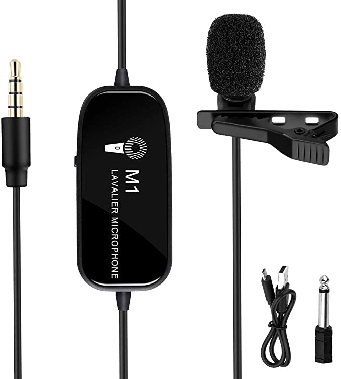 Lavalier Microphone,K&F Concept M1 3.5mm Lav Rechargeable Lapel Condenser Omnidirectional Mic with Clip-on Recording System for Smart Phones DSLR Cameras Video Macbook for Youtube/Interview Conference