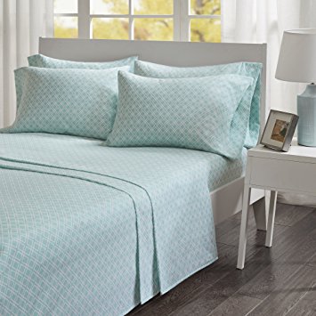 Comfort Spaces - Ultra Soft And Cozy Printed Geometric 100% Cotton Flannel Sheet Set - 4 Piece - Twin - Aqua - Includes 1 Fitted Sheet, 1 Flat Sheet and 2 Pillow Cases