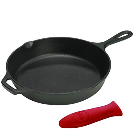 Lodge Logic 13.25 Inch Cast Iron Skillet with Helper Handle and Red Silicone Handle Holder