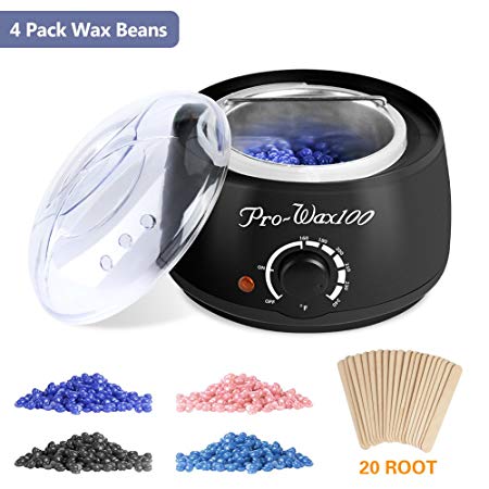 Wax Warmer Hair Removal Waxing Kit with 4 Flavors Hard Wax Beans and 20 Wax Applicator Sticks for Women and Men Home Use, 2018 LATEST VERSION