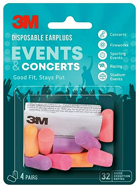 3M Disposable Earplugs, Hearing Protection for Events & Concerts, Mutli-Color, 32 NRR, 4-Pairs