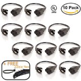 10 pack - 1ft Power Extension Cord Outlet Saver Cable UL Listed 16 AWG  13A 3 Prong  10 FREE Cable Ties Lifetime Warranty Black Strip Extender - Melca