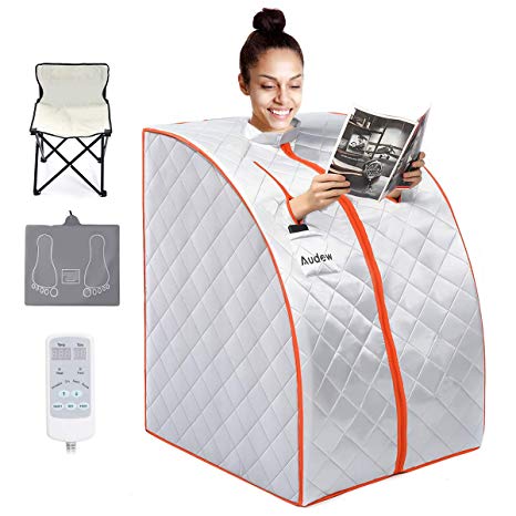 Audew Infrared Sauna Portable Infrared Home Spa, One Person Sauna, Foldable Infrared Sauna Blanket with Carbon Fiber Heating Plate, Fire Cotton, Foot Pad, Foldable Chair, Remote Control, Feature-Rich