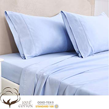 Ultra Comfortable 100% Long Staple Cotton Sheets, 500 Thread Count with Ultra Fine 60S Yarn, Sateen Weave for Luxury Soft and Silky Feel, Blue King Bed Sheets,14'' DEEP Pocket