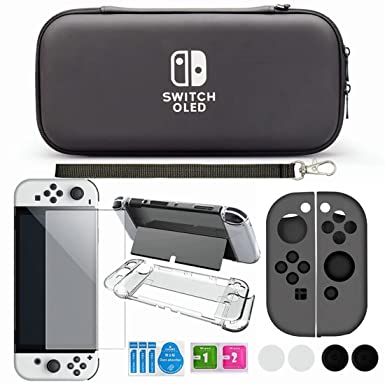 ELIATER Carrying Case Compatible with Switch OLED Model 2021, Accessories Bundle with Screen Protector, Clear Cover for Switch-Pro Controller, Silicone Skin for Joy-Con and 4 Thumb Grip Caps(Black)