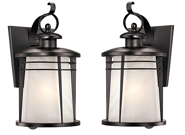 Westinghouse 6674200 Senecaville One-Light Exterior Wall Lantern, Weathered Bronze Finish on Steel with White Alabaster Glass - 2 Pack