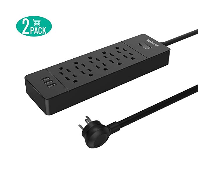 Nekteck 2 Pack Power Strip/Surge Protector Flat Wall Plug with 10 AC Outlets, 15W 3-Port USB Charger for iPhone, iPad, Samsung Galaxys, Nexus, Tablets, HTC M9 and More [4.8ft Cord, 10AC, 3 USB]