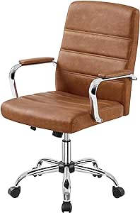 Yaheetech Mid-Back Office Chair with Arms 360° Swivel PU Leather Height Adjustable Office Executive Chair, Retro Brown