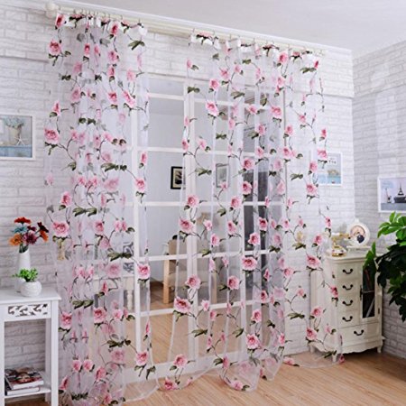 DZT1968® 1PC White Printed Flower Lace Chiffon Tulle Sheer Window Treatments Door Screen Curtain (80 inch x 40 inch) (Pink)