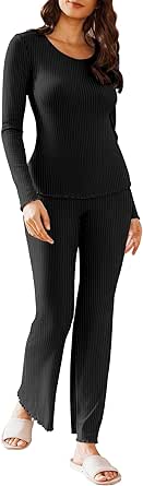 Ekouaer Women's Pajamas set Ribbed Knit Long Sleeve Top and Flare Pants Loungewear Sleepwear Pjs 2 Piece lounge sets, S-XXL