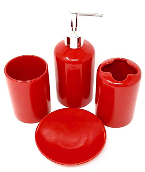 WPM 4 Piece Ceramic Bath Accessory Set | Includes Bathroom Designer Soap or Lotion Dispenser w/Toothbrush Holder, Tumbler, Soap Dish Choose from Purple, Black, Brown, Navy or Red Burgundy (Red)