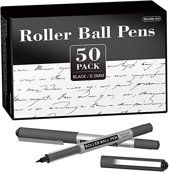 RollerBall Pens, Shuttle Art 50 Pack Black Fine Point Roller Ball Pens, 0.5mm Liquid Ink Pens for Writing Journaling Taking Notes School Office