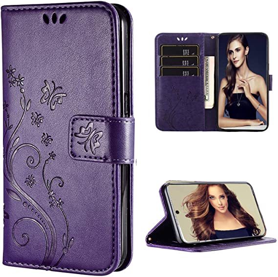 FLYEE Case Compatible with Samsung Galaxy S21 (6.2 inch,2021 Release),Wallet Case for Women and Girls with Card Holder,[Embossed Butterfly Flower] Leather Flip case Kickstand for Galaxy S21-Purple
