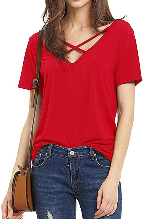 VOGRACE Womens Criss Cross Front Deep V Neck T Shirt Summer Casual Tee Tops