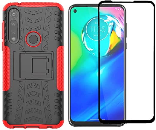 Moto G Power, Motorola G Power Case with Screen Protector, Yiakeng Shockproof Silicone Protective with Kickstand Hard Phone Case Cover for Moto G Power 2020 (Red)