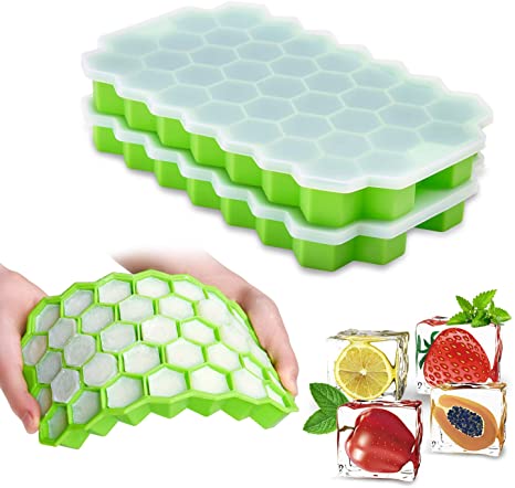 Ice Cube Trays with Lids,2-Pack 74 Ice Cubes Silica Gel Flexible and BPA Free with Spill-Resistant Removable Lid Ice Cube Molds for Chilled Drinks, Whiskey & Cocktails