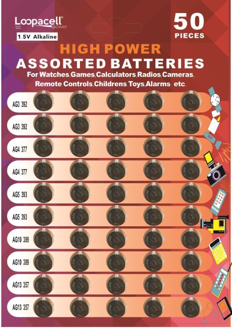 LOOPACELL  High Power Super Alkaline Button Cell 1.5V Batteries, Assorted, 50 Pieces