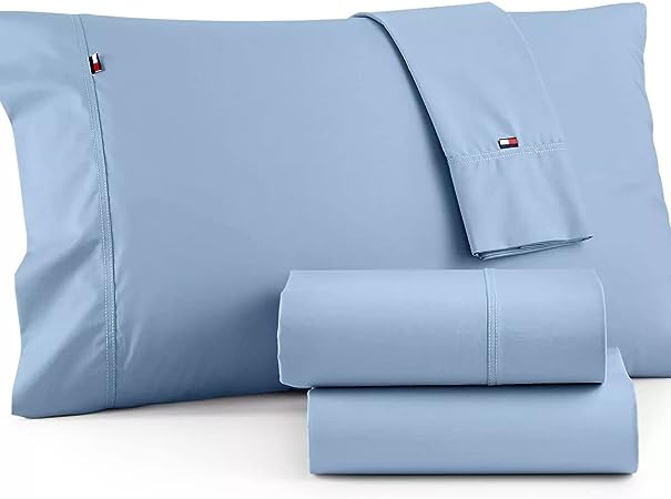 Tommy Hilfiger Signature Solid Sheeting 200 TC Set of 4 Sheet Set - 1 Flat Sheet, 1 Fitted Sheet & 2 Pillowcases, Full Size, 100% Cotton (B Blue)