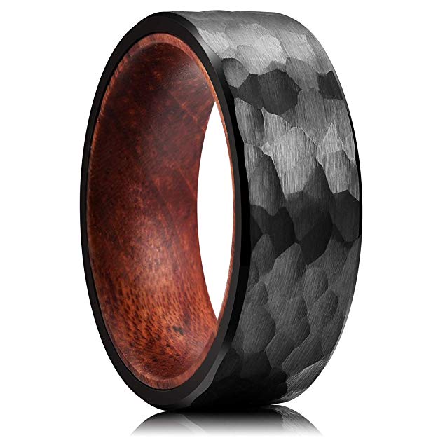 King Will 8mm Tungsten Carbide Ring Inner Hole Inlaid Wood Hammered Texture Flat Style Black/Rose Gold/Metal