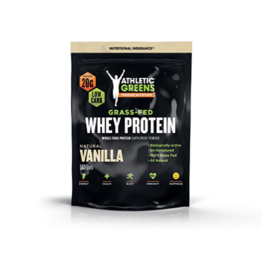 Athletic Greens Grass-Fed Whey Protein, Natural Vanilla - Deliciously Smooth Protein Shake, 100% Grass-Fed (No Hormones, Certified No GMOs), 20g of Protein Per Serving, 583 grams