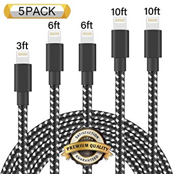 Nutmix Phone Charger 4Pack 3FT 6FT 6FT 10FT Nylon Braided USB Charging & Syncing Cord Compatible with Phone XS/MAX/XR/X/8/8 Plus/7/7 Plus/6s/6s Plus/6 6 Plus (Black White)