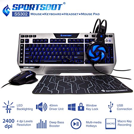 SportsBot SS302 4-in-1 LED Gaming Over-Ear Headset Headphone, Keyboard, Mouse & Mouse&nbsp;Pad Combo Set w/ 6 Programmable Macro Keys, 3 Macro Modes, 40mm Speaker Driver, Microphone