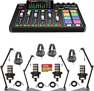 Rode RODECaster Pro II Integrated Audio Production Studio Console Bundle with 4x PodMic Microphone, 4x TAPH500 Headphones, 4x Broadcast Arm, 4x M to F XLR Cable, 32BG microSD Card