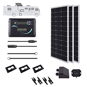 Renogy 300 Watts 12 Volts Monocrystalline Solar RV Kit Off-Grid Kit with 30A PWM LCD Charge Controller / Mounting Brackets / MC4 Connectors/ Solar Cables /Cable Entry housing