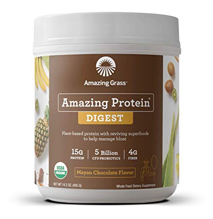 Organic Plant Based Protein   Probiotics Digest Powder by Amazing Grass, Manage Bloat, Flavor: Mayan Chocolate - 15 servings, 14.2oz