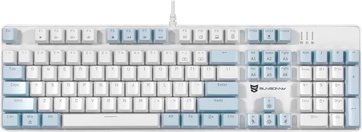 Merdia Mechanical Keyboard Gaming Keyboard with Brown Switch Wired Ice Blue Backlit Keyboard Full Size 104 Keys US Layout(Blue & White)