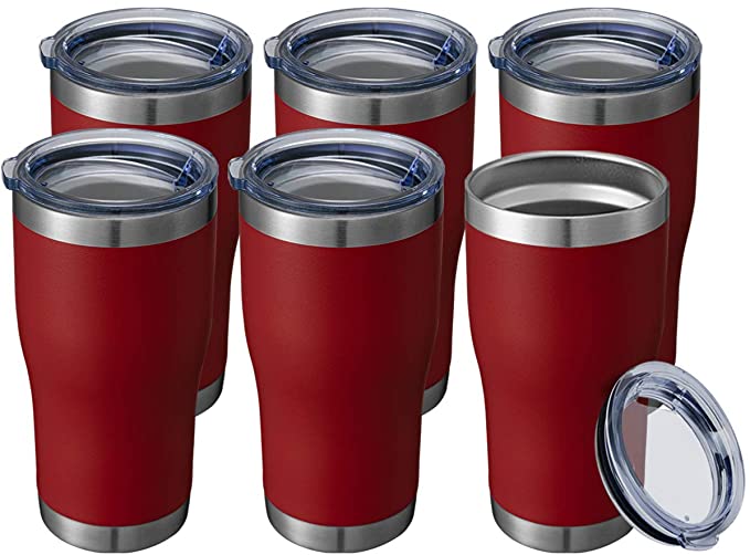 20 oz 6 Packs Wholesale in Bulk Insulated Stainless Steel Tumblers Reusable Coffee Travel Mugs with Lid Hot n Iced Cups, Double Wall Blank Vacuum Metal Thermal Women Men (Half A Dozen, Brick Red)