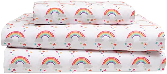 3-Piece Rainbow Stars Kids Twin Microfiber Bed Sheet Set Bedding, Pink Purple White