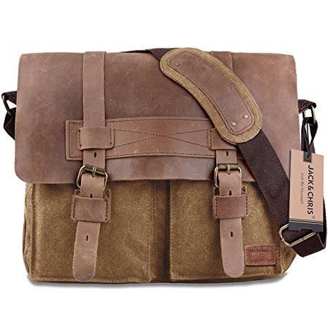 Jack&Chris New Vintage Canvas Leather Schoolbag Military Shoulder Crossbody Messenger Bag, MC2138K-5