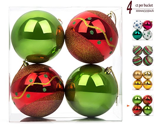 iPEGTOP 4ct 100mm/3.9 inch Christmas Ball Ornaments, Shatterproof Shiny Red Green Christmas Tree Hanging Balls Decoration Baubles for Crafting Wedding Party Festival Home Decor