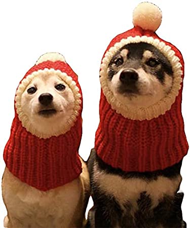 Delifur Dog Christmas Cap with Pompon Crocheted Snood Adorable Cat Hat Red Warm Winter Dog Hat Knit Snood Headband for Pets & Women & Man