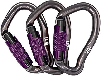 LAZZO 3 Pack Twist Lock Climbing Carabiner Clips, Auto Locking and Heavy Duty, Perfect for Climbing and Rappelling, Carabiner Dog Leash, D Shaped 4.21 Inch, Large Size,Purple