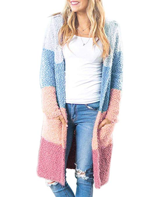 MEROKEETY Women's Long Sleeve Soft Chunky Knit Sweater Open Front Cardigan Outwear with Pockets