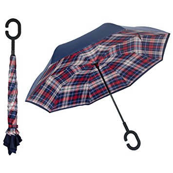Inverted C-Handle Double Layer UV Protection Umbrella by Arcos - No-Drip Reverse Close Reverse Open and Lightweight Phone Reversible WindProof Car Upside Down Umbrella – Carrying Bag Included